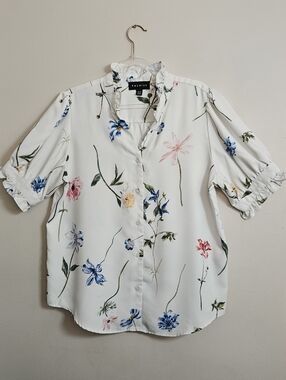 Premise Floral Boho White Flirty Blouse Short Sleeve Button down Top Size Medium